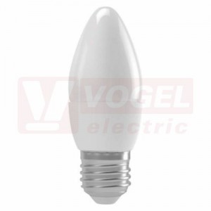 Žárovka LED E27 230VAC   4W svíčka A+, provedení CLASSIC, baňka mléčná, teplá bílá 2700K, 330 lumenm nestmívatelná, živ. 30000h., náhrada za 30W, rozměr 38x100mm (EMOS-ZQ3110)