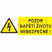 Samolepka výstrahy "Pozor napětí životu nebezpečné !" symbol s textem (černý tisk, žlutý podklad),  9x3,2cm (1arch=18 ks) (0102)