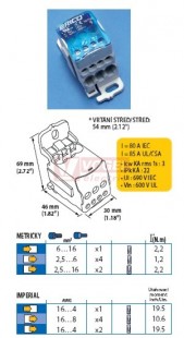UD80A   svorkovnicový blok 1p.  80A průřezy 1x6-16//4x2,5-6/2x2,5-16mm2, IP20