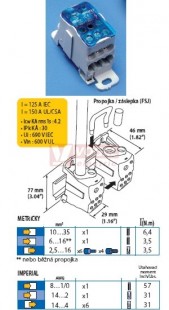 UDJ125A svorkovnicový blok 1p. 125A průřezy 1x10-35/1x6-16//6x2,5-16mm2, IP20 (569020)