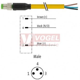 7000-08001-0100030 konektor M8/3-pin/vidl/přímý - kabel ŽL PVC 3x0,25mm2 L=0,3m - volný konec