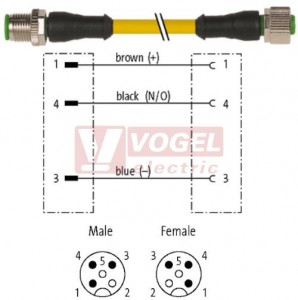 7000-40001-0230100 konektor M12/3-pin/vidl/přímý - kabel ŽL PUR/PVC 3x0,34mm2 L=1,0m - konektor M12/3-pin/zás/přímý