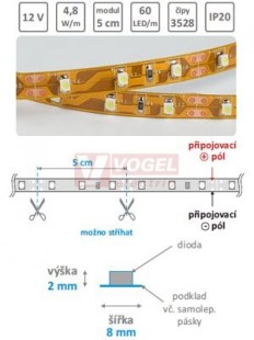 LED pásek červený IP20, 12VDC, 4,8W/m (modul=5,0cm=3xSMD LED 3528), nevodotěsný, š=8/v=2mm, hnědé pozadí, 3M lep.páska