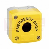 XALK01H29 Prázdná plastová skříň 1-otvor, žluté víko RAL 1021 pro ovládání nouzového zastavení s en.půlkruhovým popisem "EMERGENCY STOP"68x68x53