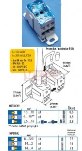 UDJ160A svorkovnicový blok 1p. 160A průřezy 1x10-70/1x6-16//6x2,5-16mm2, IP20 (569030)