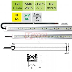 LEDbar pásek v ALU profilu, L= 260mm, 24VDC, IP65,  360lm,  5 LED modulu po 6x SMD 2835 st.bílá, 3W, přívodní kabel 2m