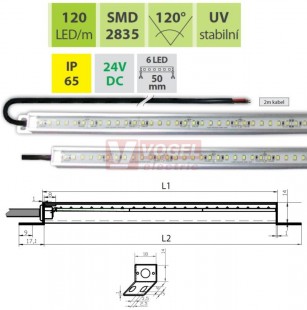 LEDbar L pásek v ALU profilu, L= 609mm, 24VDC, IP65,  860lm, 12 LED modulů po 6x SMD 2835 st.bílá, 6,2W, přívodní kabel 2m