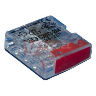 C2073-204 svorka bezšroubová 4x 0,5-2,5mm2, červená/transparentní, 24A/450VAC, materiál PC, max. 110°C