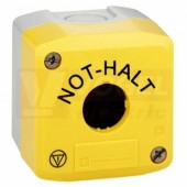 XALK01H44 Prázdná plastová skříň 1-otvor, žluté víko RAL 1021 pro ovládání nouzového zastavení s de.půlkruhovým popisem "NOT-HALT" 68x68x53