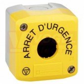 XALK01HFR Prázdná plastová skříň 1-otvor, žluté víko RAL 1021 pro ovládání nouzového zastavení s fr.půlkruhovým popisem "ARRET D'URGENCE"
