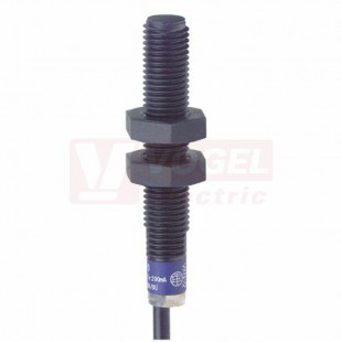 XS4P08MA230 Indukční čidlo M8, plast, Sn=2,5mm, 24…240VAC/DC, délka těla 50mm, nestíněný, NO, kabel 2m, IP67