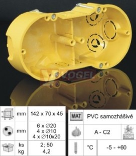 KP 64/2L krabice přístrojová, 2-nás., do sádrokartonu, 142x70x45mm (náhr. KUP 68/2)