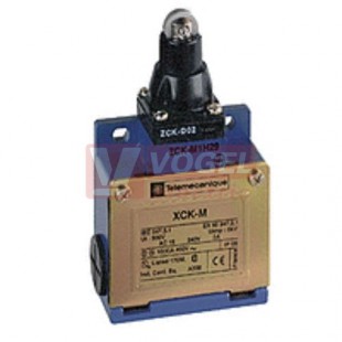 XCKM102 Polohový spínač Universal - kovový, čep s rolnou kovovou, kontakty 1NO+1NC mžikové, 3x kabelový vstup Pg13,5, rozměr těla šhv 63x30x64mm