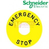 ZBY8330 Štítek kruhový 3D (EN), pr. 90mm, žlutý, 2x symbol nouzového zastavení, nápis "EMERGENCY STOP", pro hlavice otvor 22mm