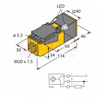 Ni40U-CP40-AP6X2 snímač indukční, kvádrový, zvýšená spínací vzdálenost, Sn=40mm, PNP/NO, nestíněný, M20x1,5, rozměr 114x40x40 mm, 10-30VDC, svorkovnice, IP68