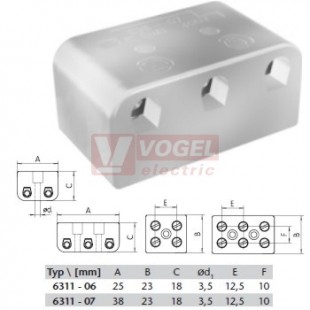 6311-06 svorkovnice keramická, 2x4mm2/250V, IP20, s otvorem pro montáž, materiál keramika, barva okrová