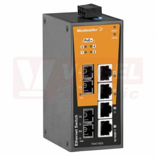 IE-SW-BL06T-4POE-2SC ethernetový Switch BasicLine, neřízený PoE+, 4xRJ45 10/100MBit/s PoE+, 2xSC optický port 10/100MBit/s, 24-57VDC, IP30, š 50mm, -40°C..+75°C (1504220000)