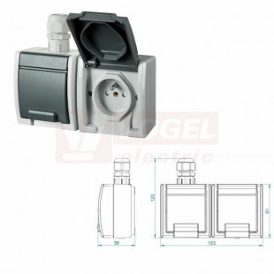 Zásuvka IP65 2-nás.  19183 ATLAS vodorovná s vývodkou M20, na povrch, tělo sv. šedé RAL7035, víčko šedé RAL7043, IK07, 2x 2P+PE, rozměr 120x153x56mm