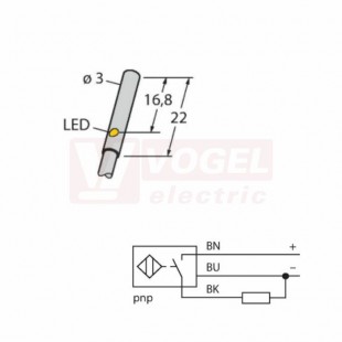 BI1-EH03-AP6X snímač indukční nerez, pr.3mm, PNP/NO, 10-30VDC, Sn=1mm, stíněný, kabel PUR 2m, délka těla 22mm, IP67