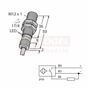 BI4U-EM12WD-AP6X snímač indukční pro potravinářský průmysl, nerez, stíněný, Sn=4mm, PNP/NO, 10-30VDC, IP69K, kabel 2m, délka těla 52mm (1634811)