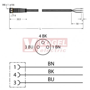 PKG3M-5/TEL konektor M8/3-pin/zás/přímý -  kabel ČE PVC L= 5m - volný konec