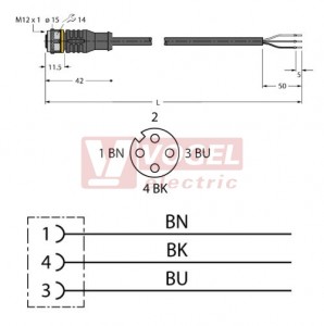 RKC4T-5/TEL konektor M12/3-pin/zás/přímý -  kabel ČE PVC L= 5m - volný konec