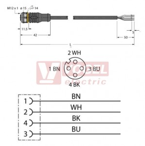 RKC4.4T-10/TEL konektor M12/4-pin/zás/přímý -  kabel ČE PVC L= 10m - volný konec