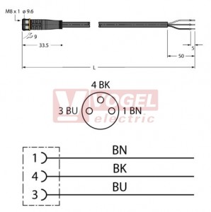 PKG3M-2/TEL konektor M8/3-pin/zás/přímý -  kabel ČE PVC L= 2m - volný konec