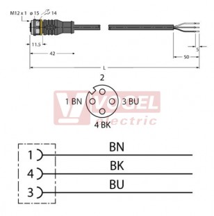 RKC4T-15/TXL konektor M12/3-pin/zás/přímý -  kabel ČE PUR L= 15m - volný konec