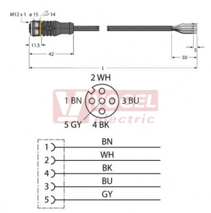 RKC4.5T-15/TEL konektor M12/5-pin/zás/přímý -  kabel ČE PVC L= 15m - volný konec
