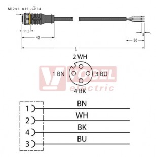 RKC4.4T-15/TEL konektor M12/4-pin/zás/přímý -  kabel ČE PVC L= 15m - volný konec