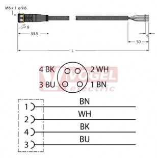 PKG4M-15/TEL konektor M8/4-pin/zás/přímý -  kabel ČE PVC L= 15m - volný konec