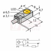 BI2-Q4,7-AP6X snímač indukční, kvádrový, Sn=2mm, PNP/NO, kovové tělo, stíněný, 16x4,7x8mm, PUR kabel 2m, 10-30VDC, IP67 (1614000)