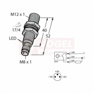 Bi4U-M12-AP6X-V1131 snímač indukční, se zvýšenou spínací vzdáleností, M12, mosaz, stíněný, Sn=4mm, konektor M8, PNP/NO, 10-30VDC, IP68 (1634780)