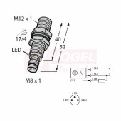 Bi4U-M12-AP6X-V1131 snímač indukční, se zvýšenou spínací vzdáleností, M12, mosaz, stíněný, Sn=4mm, konektor M8, PNP/NO, 10-30VDC, IP68 (1634780)