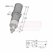 NI15-EM30-AP6/S907 snímač indukční s rozšířeným teplotním rozsahem (do +160°C), nerez, M30x1,5, Sn=15mm, nestíněný, 10-30VDC, PNP/NO, délka těla 110mm, kabel PTFE, FEP délka 2,0m, IP68/IP69K