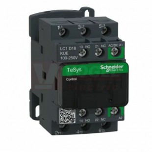 LC1D18KUE    Stykač 3P 18A  AC-3, 100 - 250V AC/DC, pom.kont. 1"Z"+1"V" šroub.svorky s elektronicky řízenou cívkou