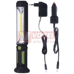 Svítilna AKKU P4525  5W COB LED + 5× LED, + výstražná RU světlo, akumulátor 3,7V/2000mAh, IP44, magnetický držák s kloubem, otočný hák, nabíjecí adaptér, nabíjení 7-8h., 67 × 76 × 317 mm, s protiskluzovou ABS povrchovou úpravou