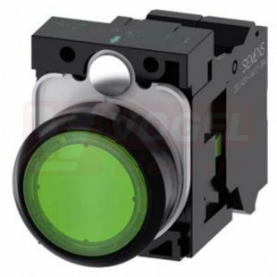 3SU1106-0AB40-3BA0 tlačítko, osvětlené, 22 mm, kulaté, plast, zelená, pružinové svorky 1 NO, AC230V