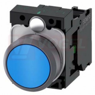3SU1130-0AB50-1BA0 tlačítko, 22 mm, kulaté, plast s kovovým čelním kroužkem, modrá, stiskací knoflík, s nízkým hmatníkem, 1 NO
