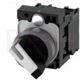 3SU1130-2BF60-1MA0 otočný spínač, prosvětlený, 22 mm, kulatý, kovový čelní kroužek, bílý, krátký černý hmatník, 1 NO + 1 NC