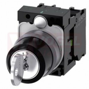 3SU1130-4BL11-1NA0 klíčový spínač RONIS, 22 mm, kulatý, kovový čelní kroužek, vytažení klíče I+O+II