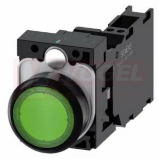 3SU1103-0AB40-3FA0 tlačítko, osvětlené, 22 mm, kulaté, plast, zelená, pružinové svorky 1 NO + 1 NC, AC110V