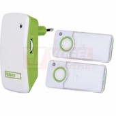 Zvonek domovní bezdrátový P5741, barva bílá/zelená, dosah 100m, přijímač 230VAC, 3melodie, 2 tlačítka 1x12V A23, náhradní P5740T, signalizace na tlačítku, 85dB, 433MHz (P5741)