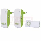 Zvonek domovní bezdrátový P5742, barva bílá/zelená, dosah 100m, 2 přijímače 230VAC, 3melodie, tlačítko 1x12V A23, náhradní P5740T, signalizace na tlačítku,85dB, 433MHz  (P5742)