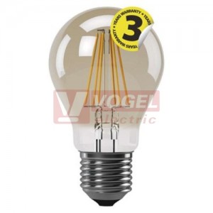 Žárovka LED E27 230VAC   4W klasik A60 A+, provedení FILAMENT VINTAGE, baňka kouřová, teplá bílá 2200K, 380 lumen, nestmívatelná, živ. 25000h., náhrada za 34W, rozměr 60x105mm (EMOS - Z74301)