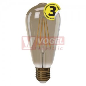 Žárovka LED E27 230VAC   4W hruška ST64 A+, provedení FILAMENT VINTAGE, baňka kouřová, teplá bílá 2200K, 380 lumen, nestmívatelná, živ. 25000h., náhrada za 34W, rozměr 64x140mm (EMOS - Z74302)