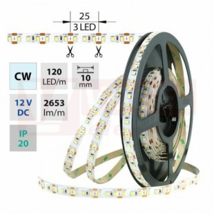 LED pásek SMD2835 studená bílá, 120LED/m, IP20, DC 12V, 10mm, 50m (121.705.60.2) NOVINKA