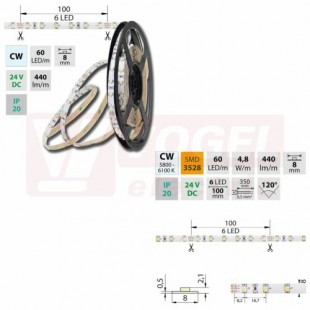 LED pásek SMD3528 studená bílá, 60LED/m, IP20, DC 24V, 8mm, 50m (126.206.60.2)