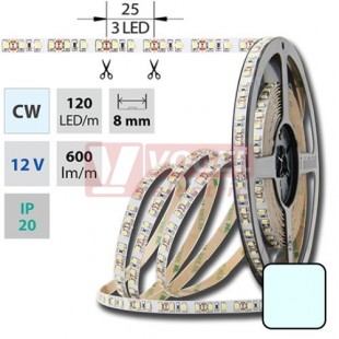 LED pásek SMD3528 studená bílá, 120LED/m, IP20, DC 12V, 8mm, 50m (121.230.60.2)